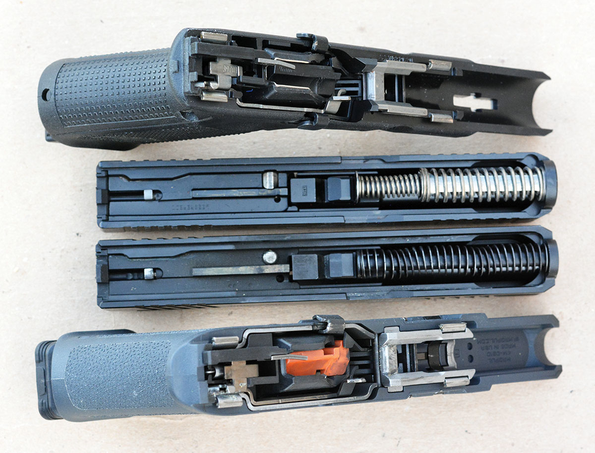The RXM is essentially the same design as the Glock 19 Gen 3 pistol. The top frame and slide are a Glock 19 Gen 5, while the bottom frame and slide are the Ruger RXM.